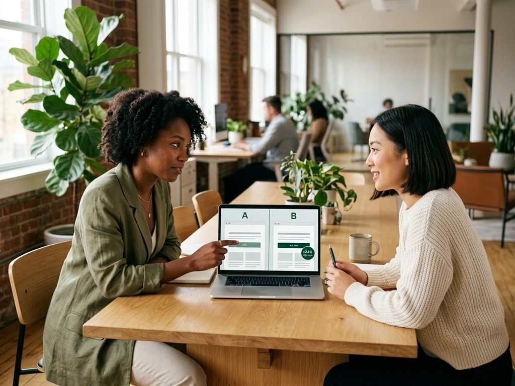 Two marketers comparing A and B versions of a landing page on a laptop