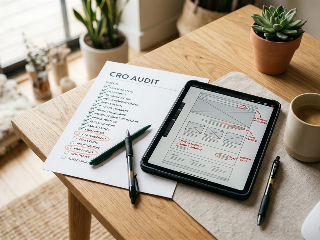 CRO audit checklist beside a tablet showing a wireframe with marked friction points