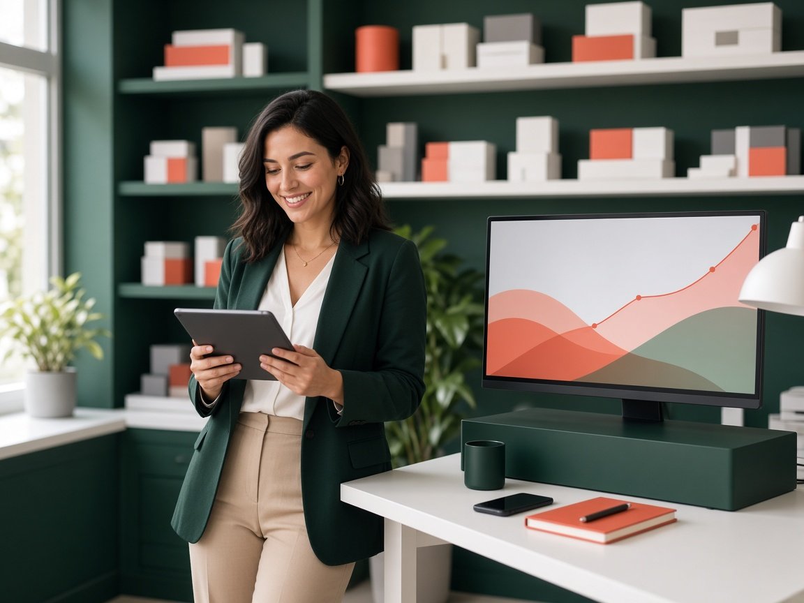 Business owner reviewing marketing growth on a tablet in a modern studio