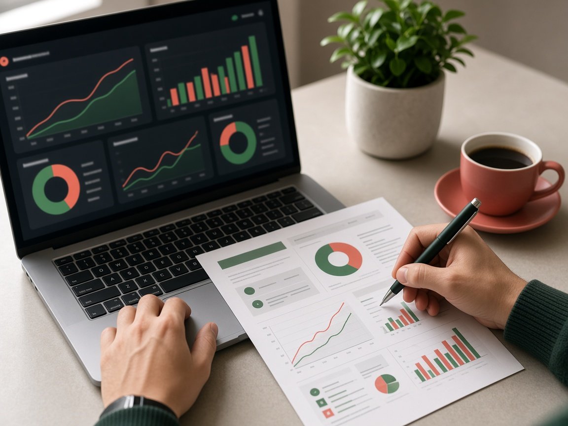 Marketer reviewing campaign analytics on a laptop and printed report