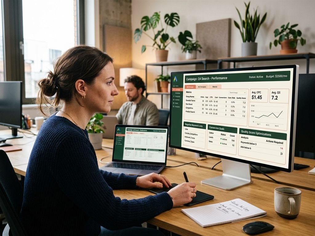 Google Ads management dashboard showing campaign metrics and quality score optimization