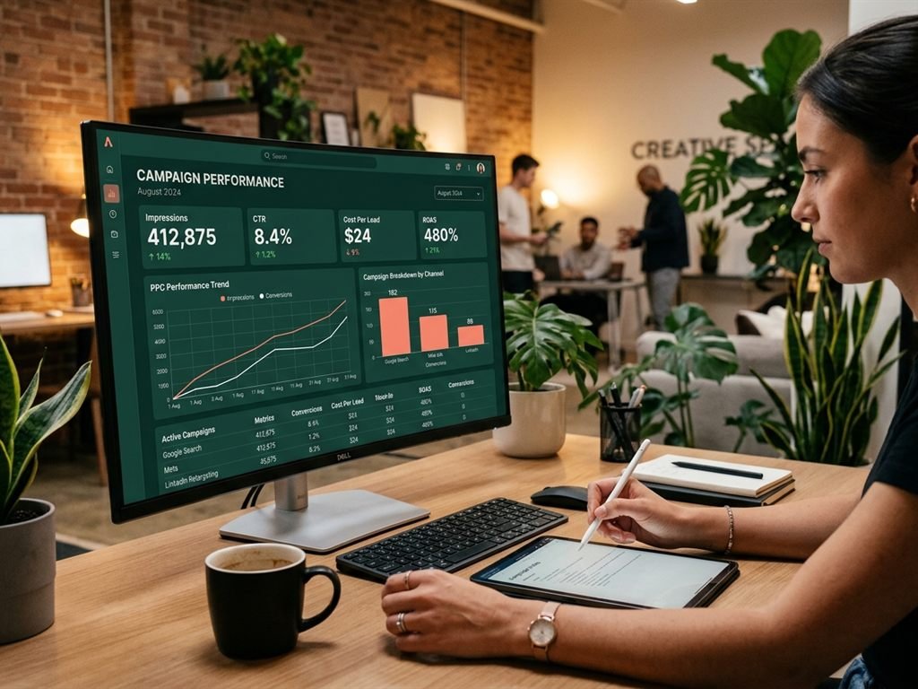 PPC campaign performance dashboard displaying CTR, CPL, ROAS, and conversion trends