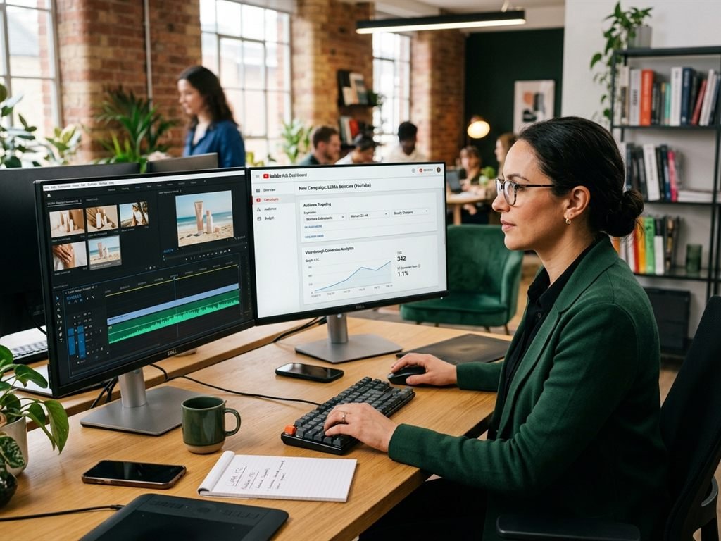 Video strategist managing YouTube video campaign timeline and audience analytics