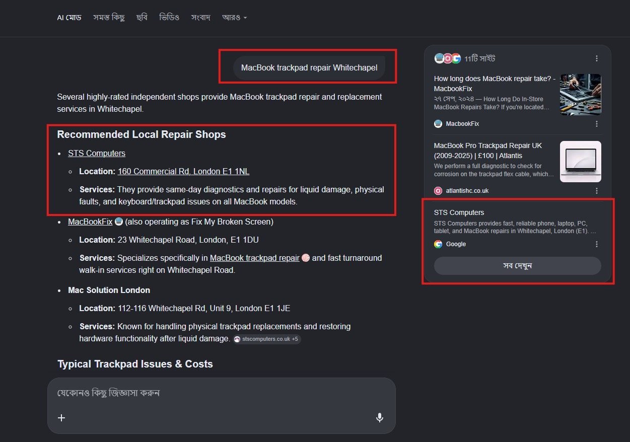 Google AI Mode answer recommending the client first for MacBook trackpad repair