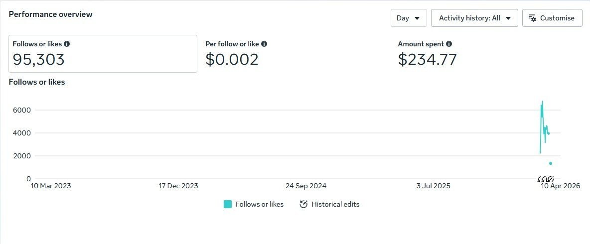 Meta Ads Manager overview showing 95,303 follows or likes