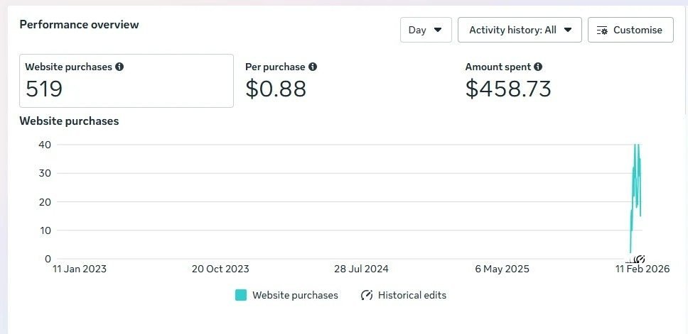 Meta Ads Manager performance overview showing 519 website purchases
