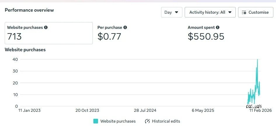 Meta Ads Manager performance overview showing 713 website purchases