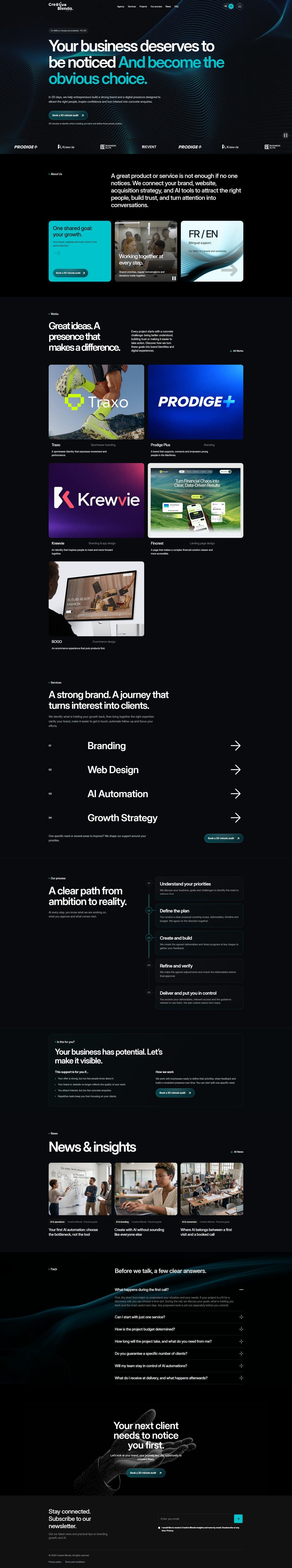 Dark agency website showing a client portfolio and services