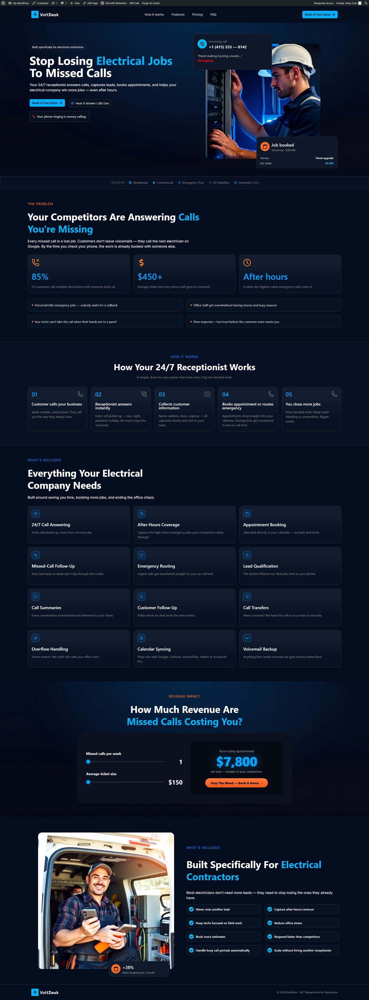 VoltDesk landing page for an electrical call-answering service