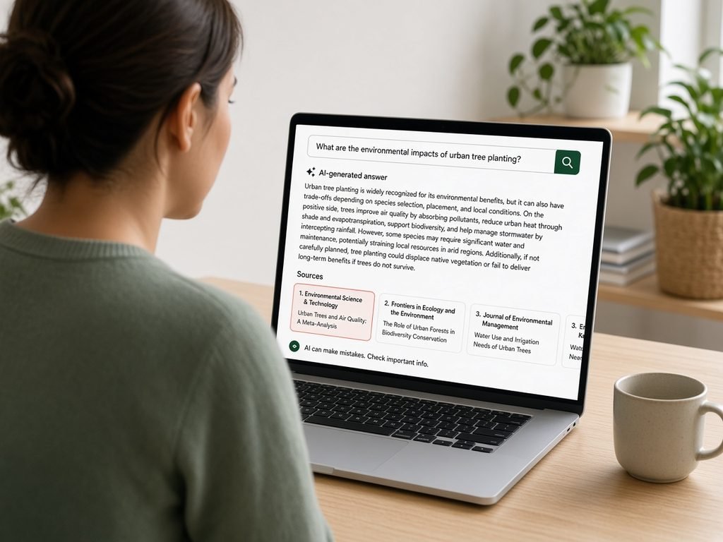 Laptop showing an AI-generated search answer with cited sources