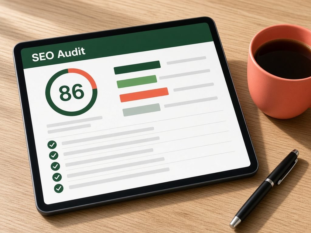 Tablet showing an SEO audit score and prioritized checklist