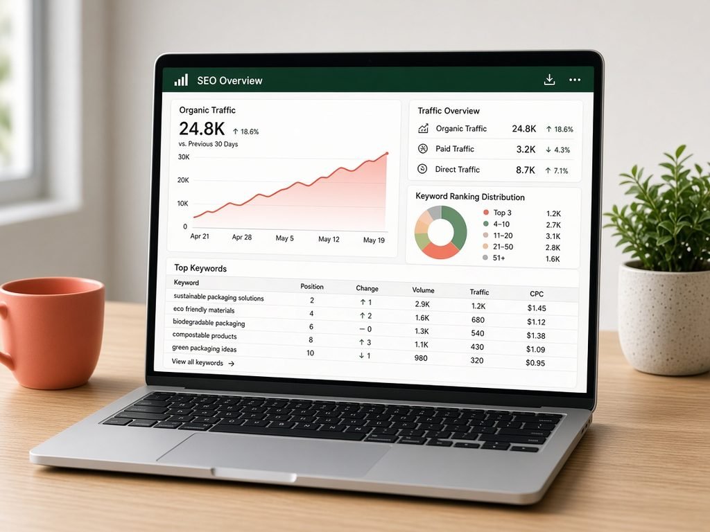 Laptop showing an SEO dashboard with organic traffic growth and keyword rankings