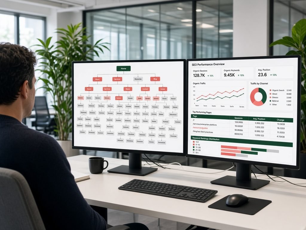 Dual monitors showing a large website architecture map and an enterprise SEO report