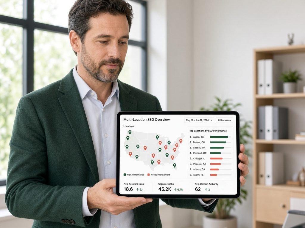 Manager holding a tablet with a multi-location SEO dashboard