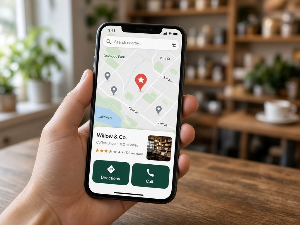 Smartphone showing a local map search with a highlighted business listing