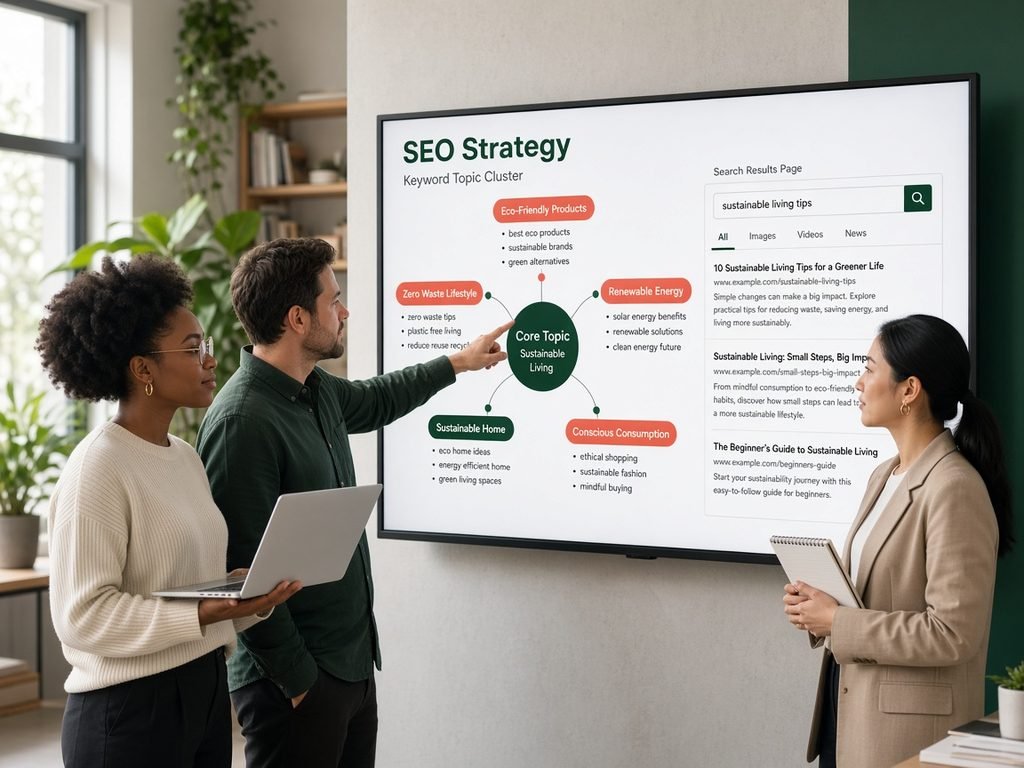 JOVIO team reviewing a keyword topic cluster and search results on a large screen