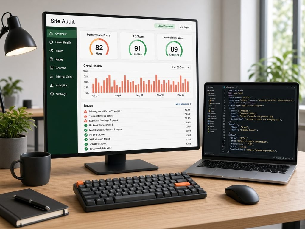 Monitor showing a technical SEO site audit beside a laptop with structured data code