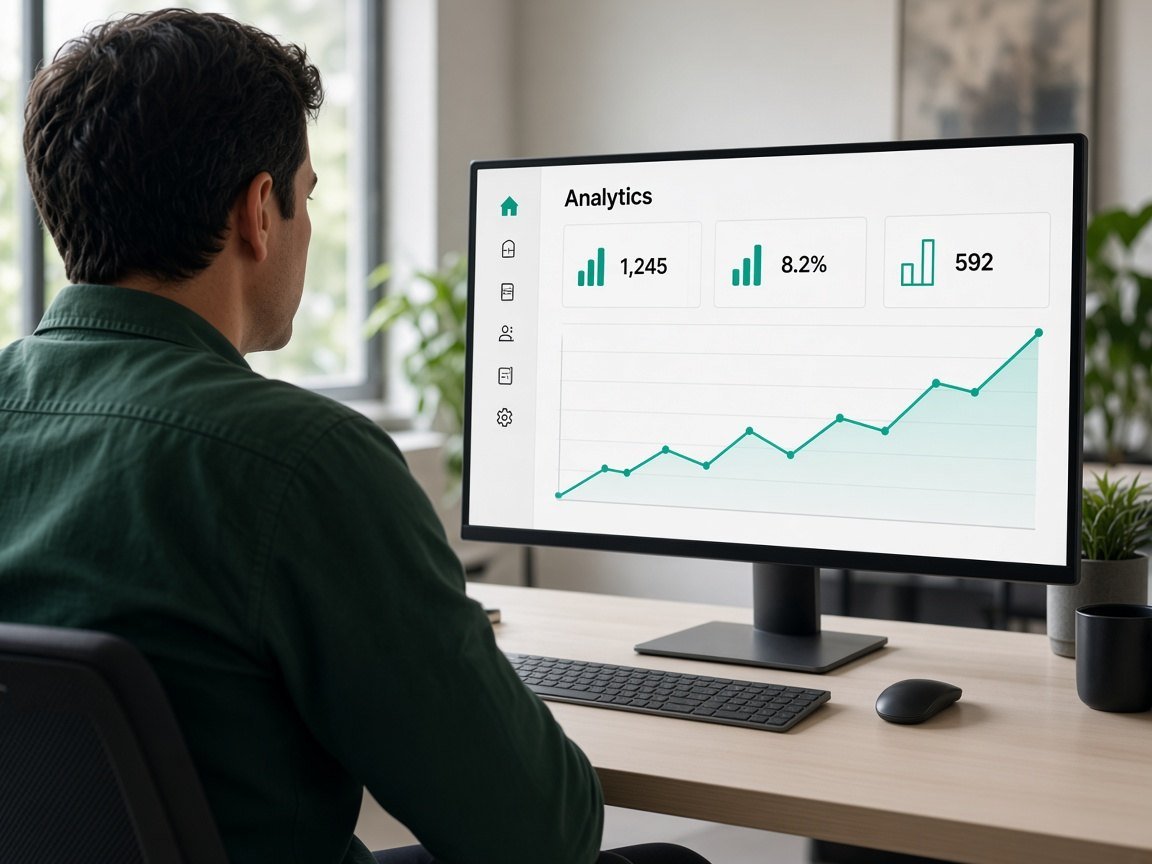 Marketer reviewing a sharp analytics dashboard on a desktop monitor