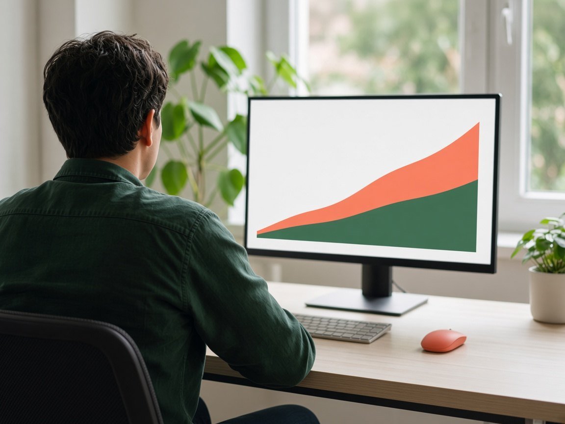Marketer looking at a sharp rising chart on a desktop monitor