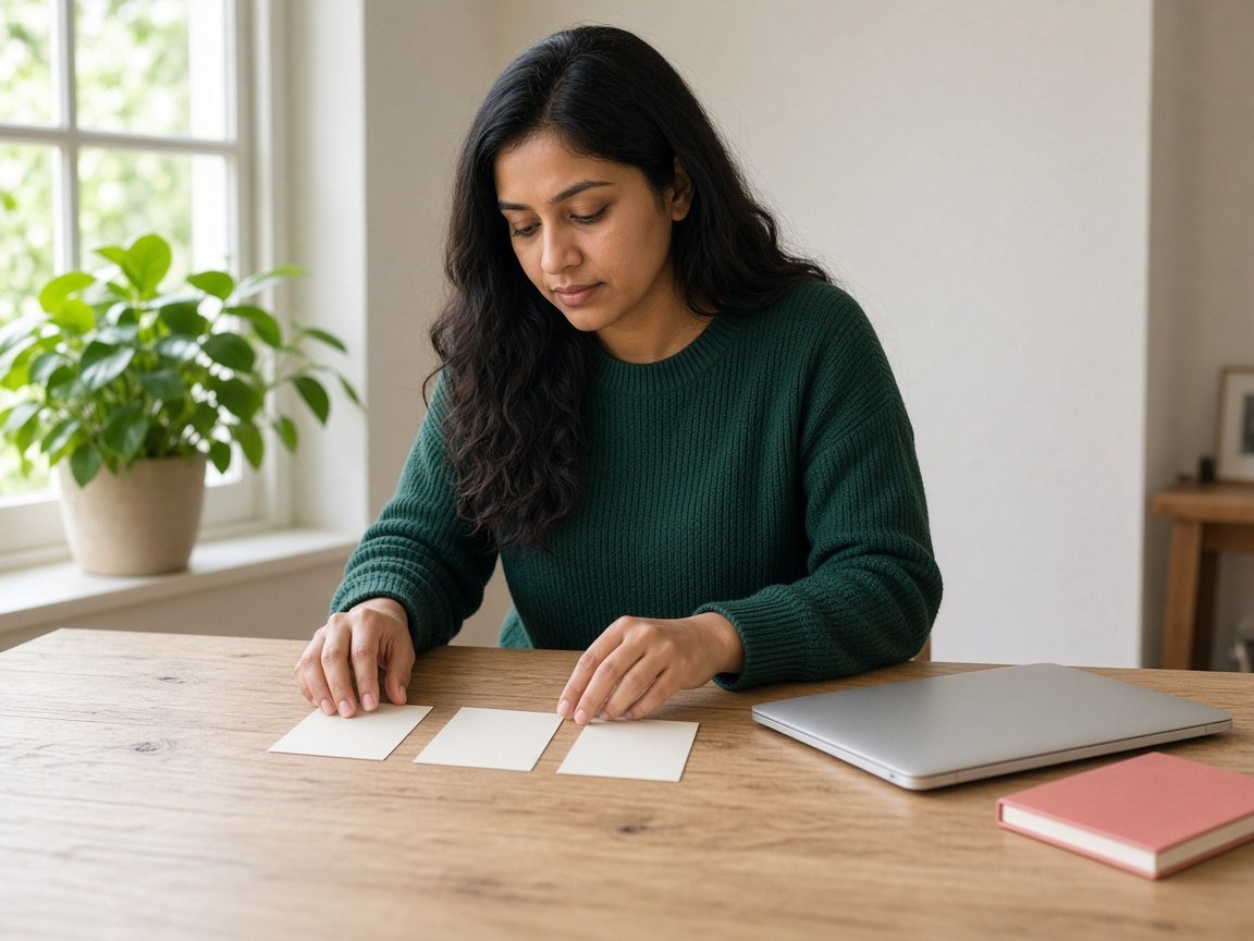 Person arranging blank cards beside a closed laptop