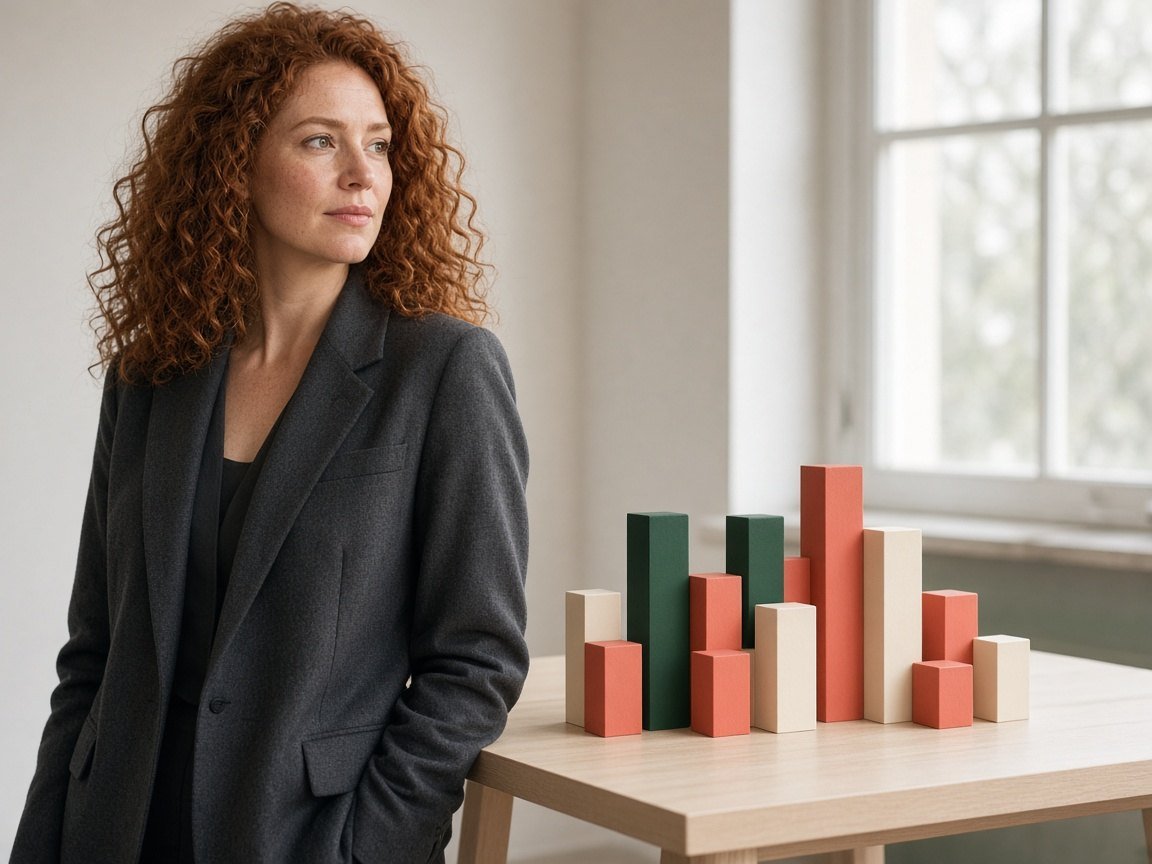 Person beside a simple block chart with no labels