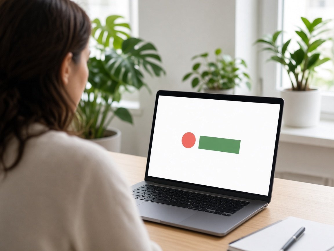 Researcher looking at a laptop with a simple search graphic