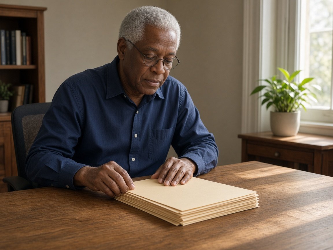 Person reviewing a stack of blank folders at a desk