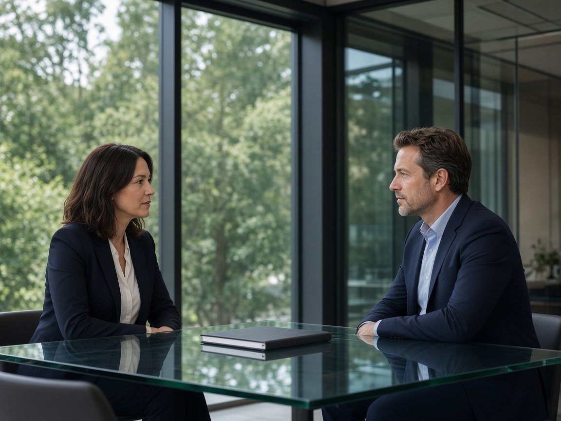 Two professionals meeting with a closed notebook