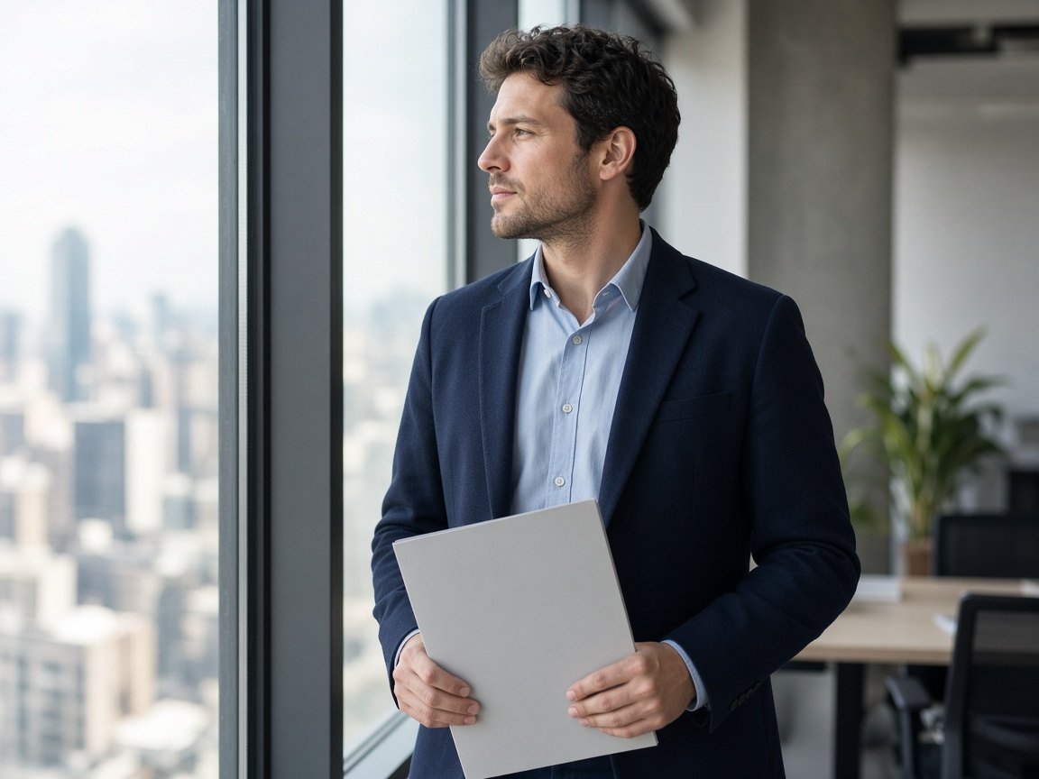 Marketer looking out an office window with a blank folder