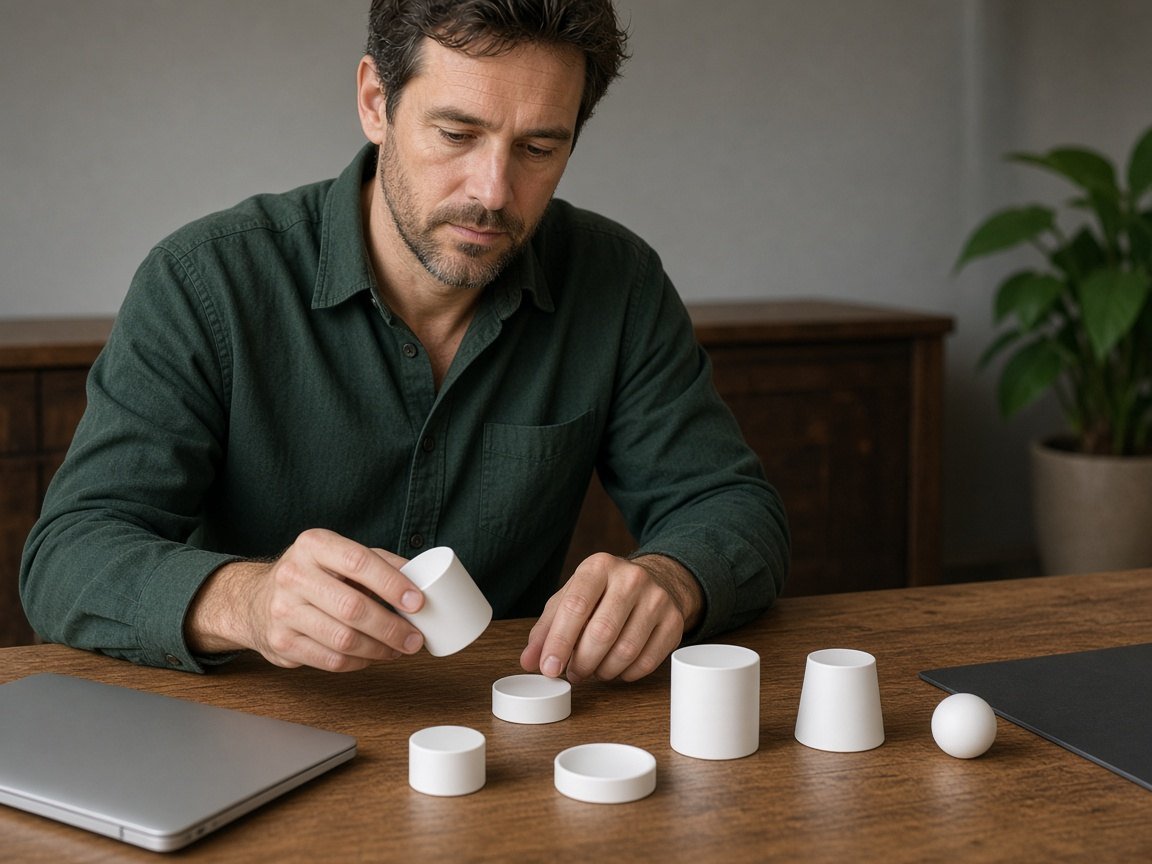 Man reviewing plain product samples beside a closed laptop
