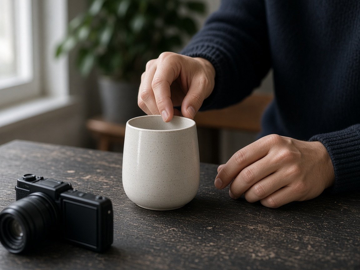 Hands styling a plain ceramic cup beside a camera