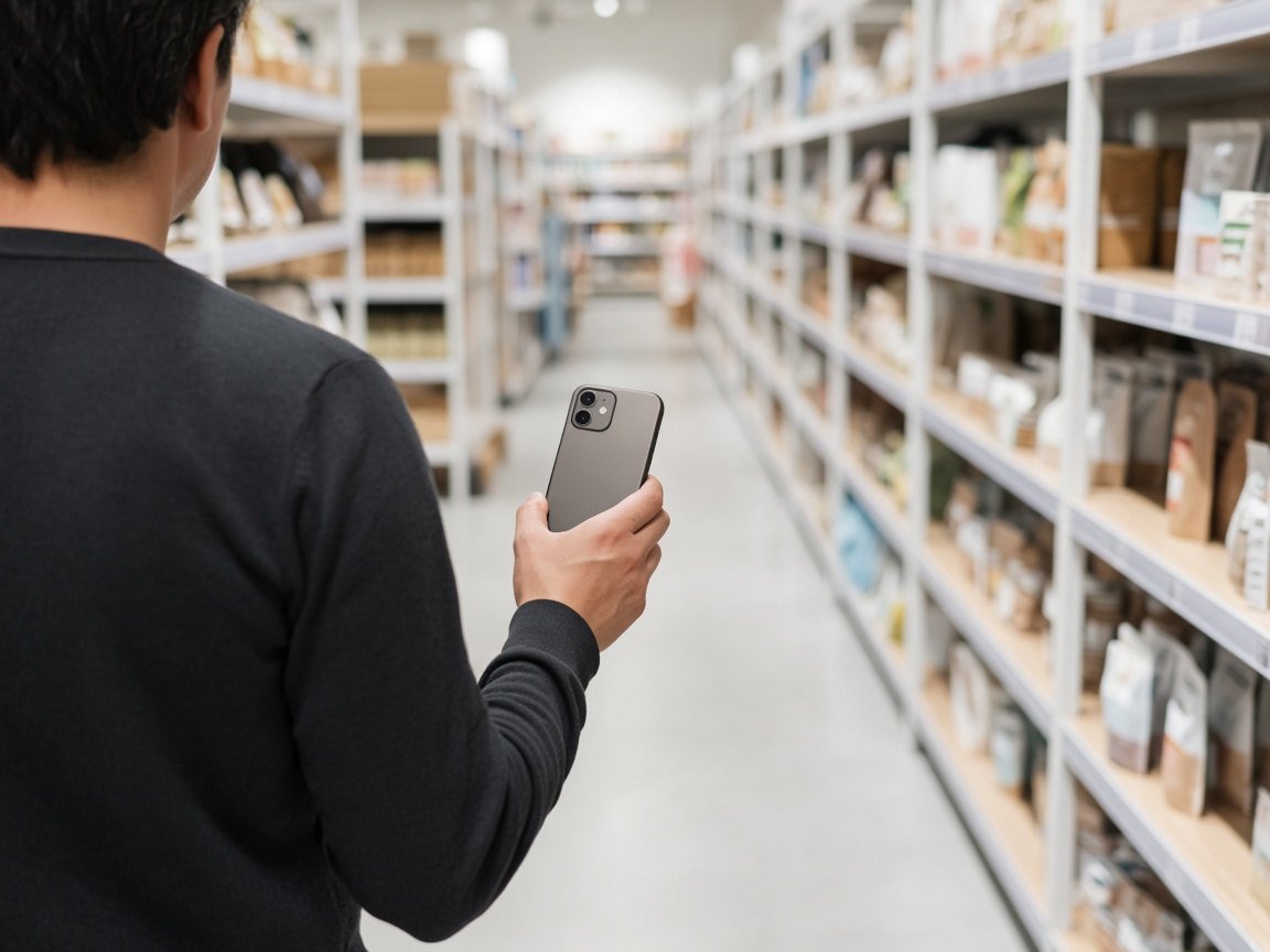 Shopper in a retail aisle holding a phone with the screen turned away