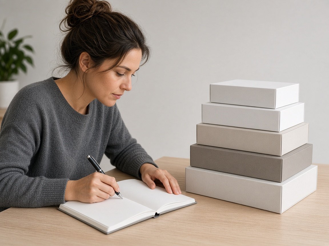 Writer with a blank notebook beside plain product boxes