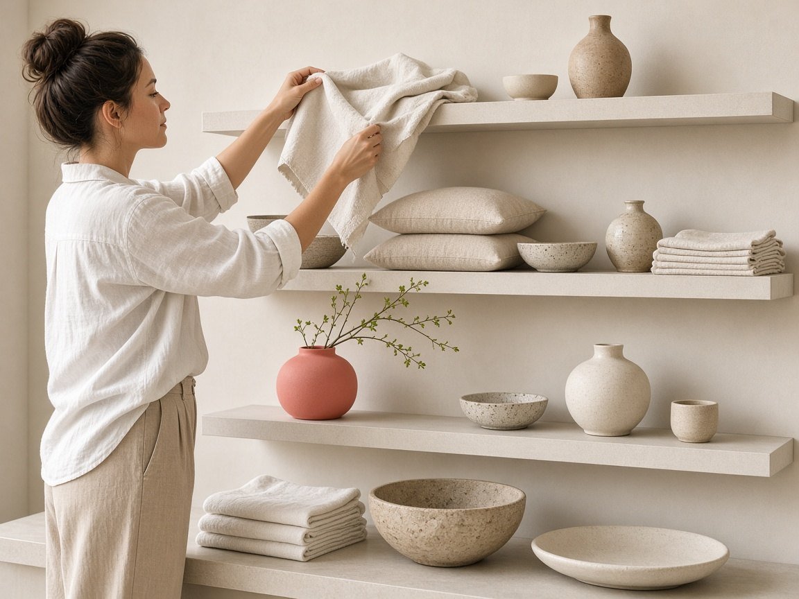Person arranging linen and ceramics on a display wall