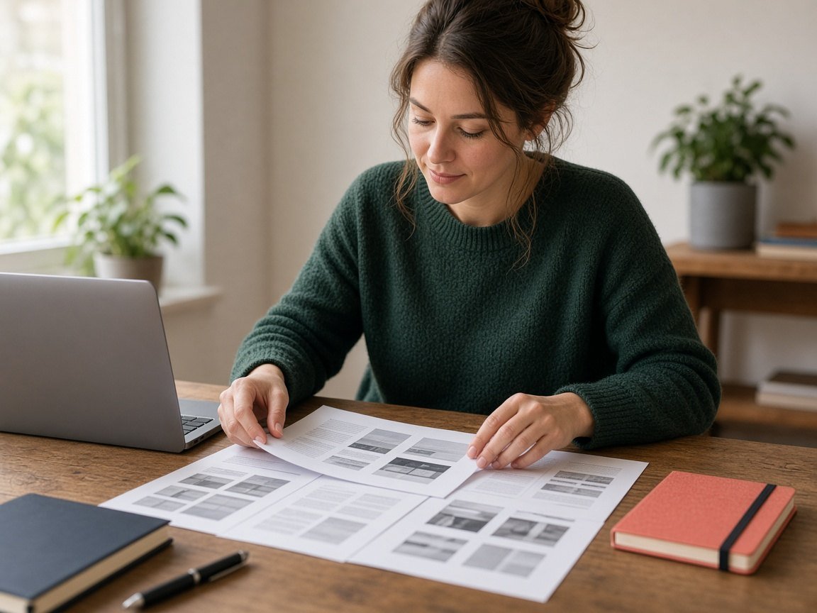 Content strategist reviewing printed page layouts at a desk