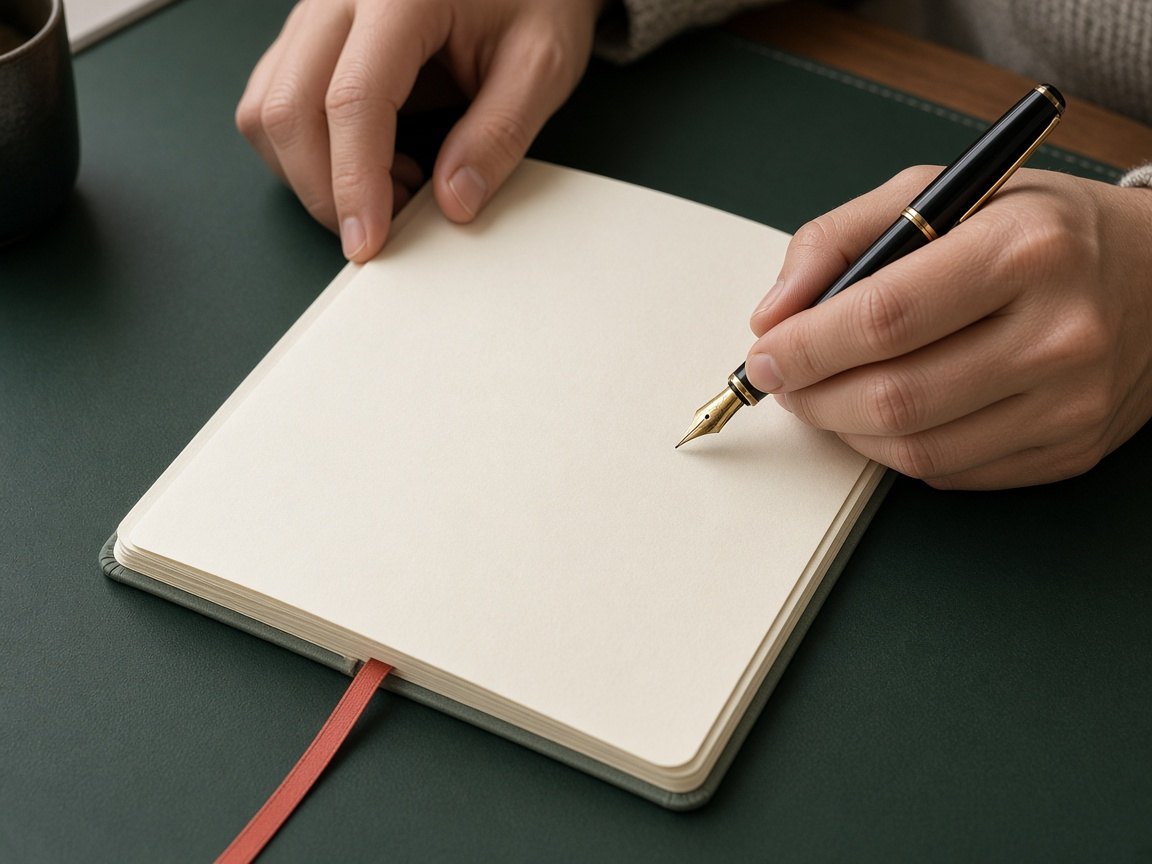 Hands writing in a blank notebook with a fountain pen