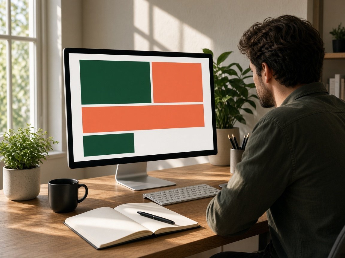 Designer reviewing a simple website layout on a monitor