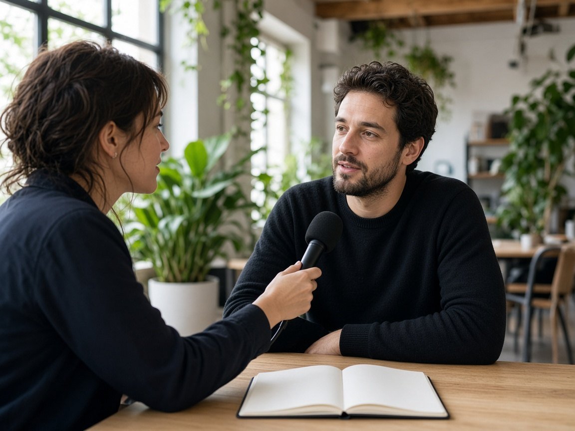 Journalist interviewing a founder with a microphone