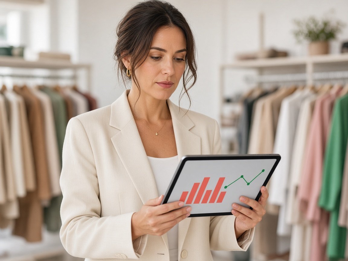 Marketer reviewing a tablet in a bright retail studio