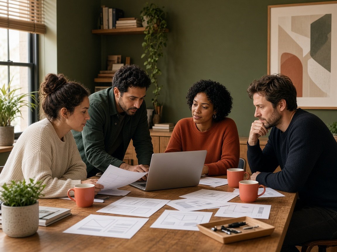 Marketing workshop around a wooden table with a laptop