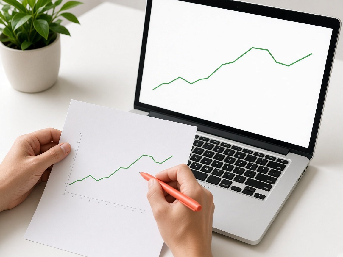 Hands comparing a printed chart with a laptop line chart