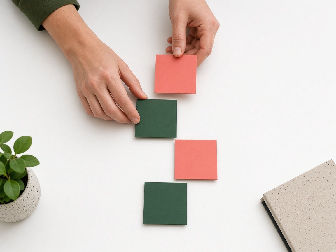 Hands arranging blank coral and green notes into a path