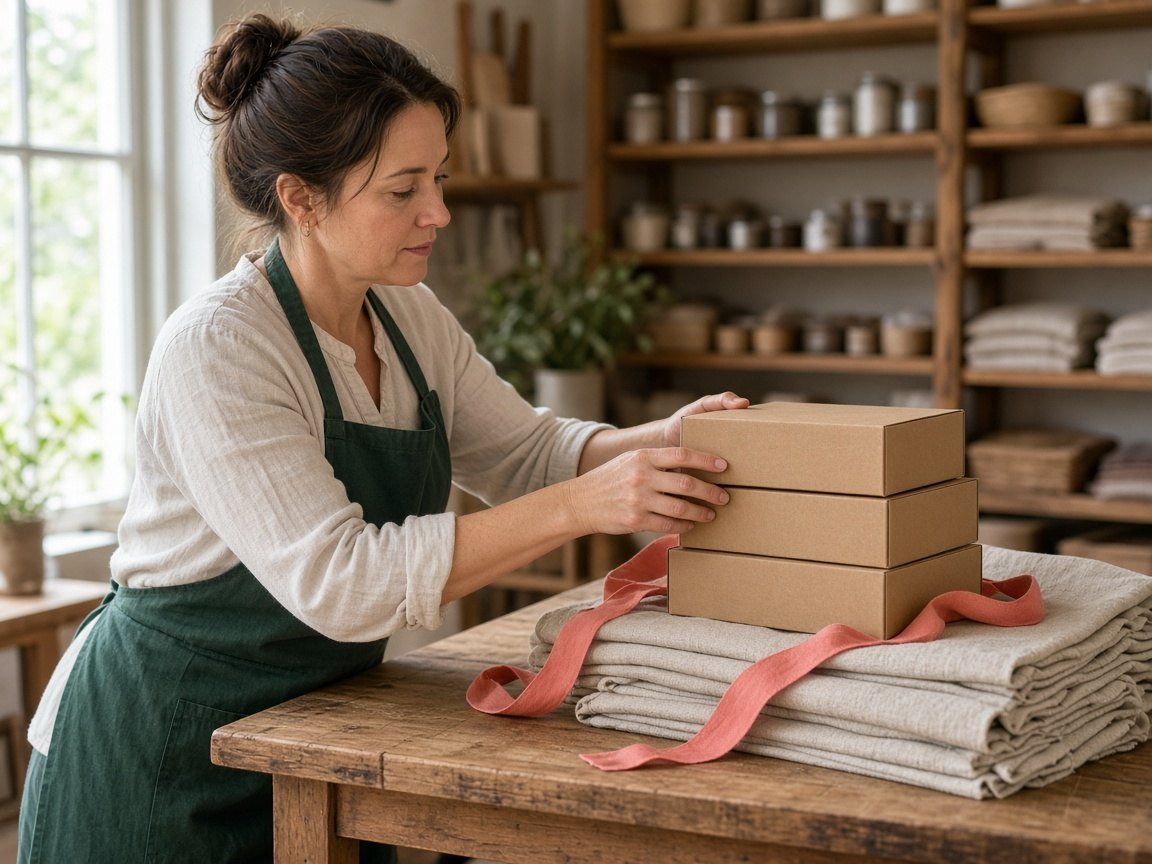 Shop owner arranging plain boxes and linen on a wooden table