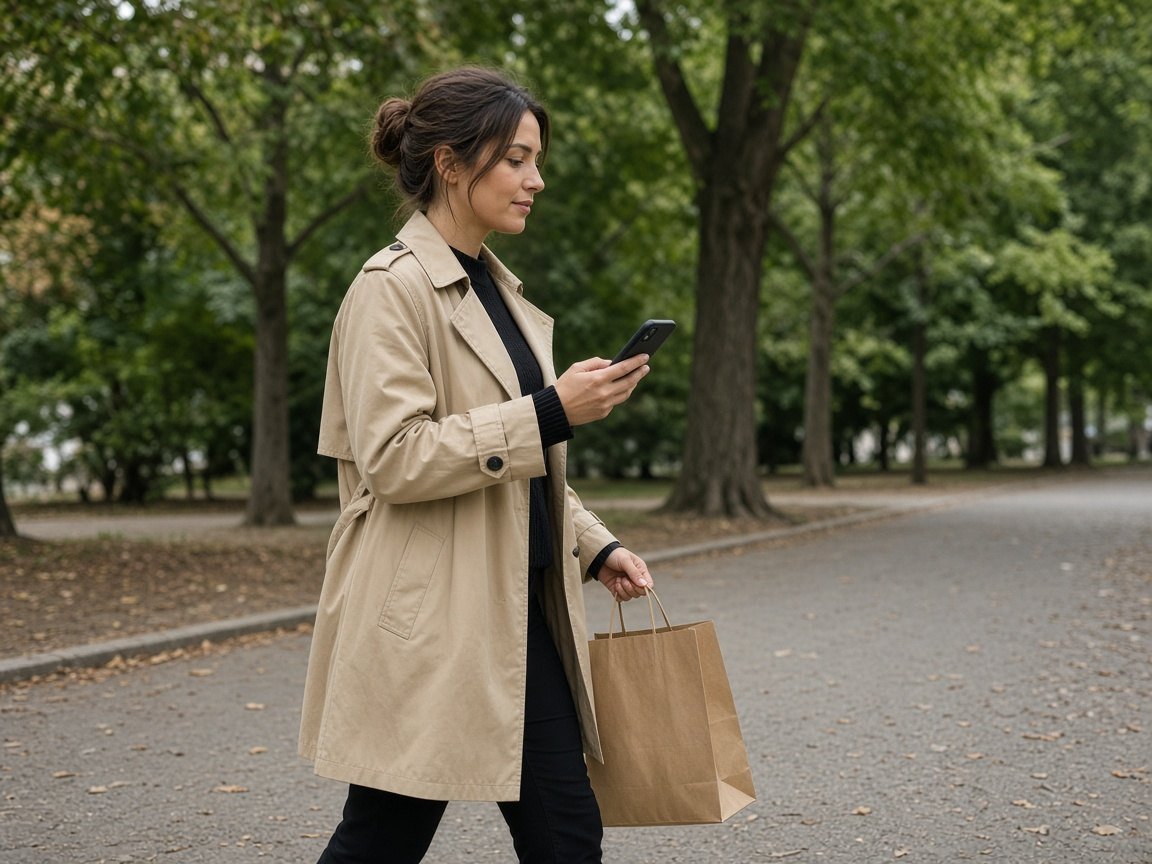 Shopper walking with a bag and a phone