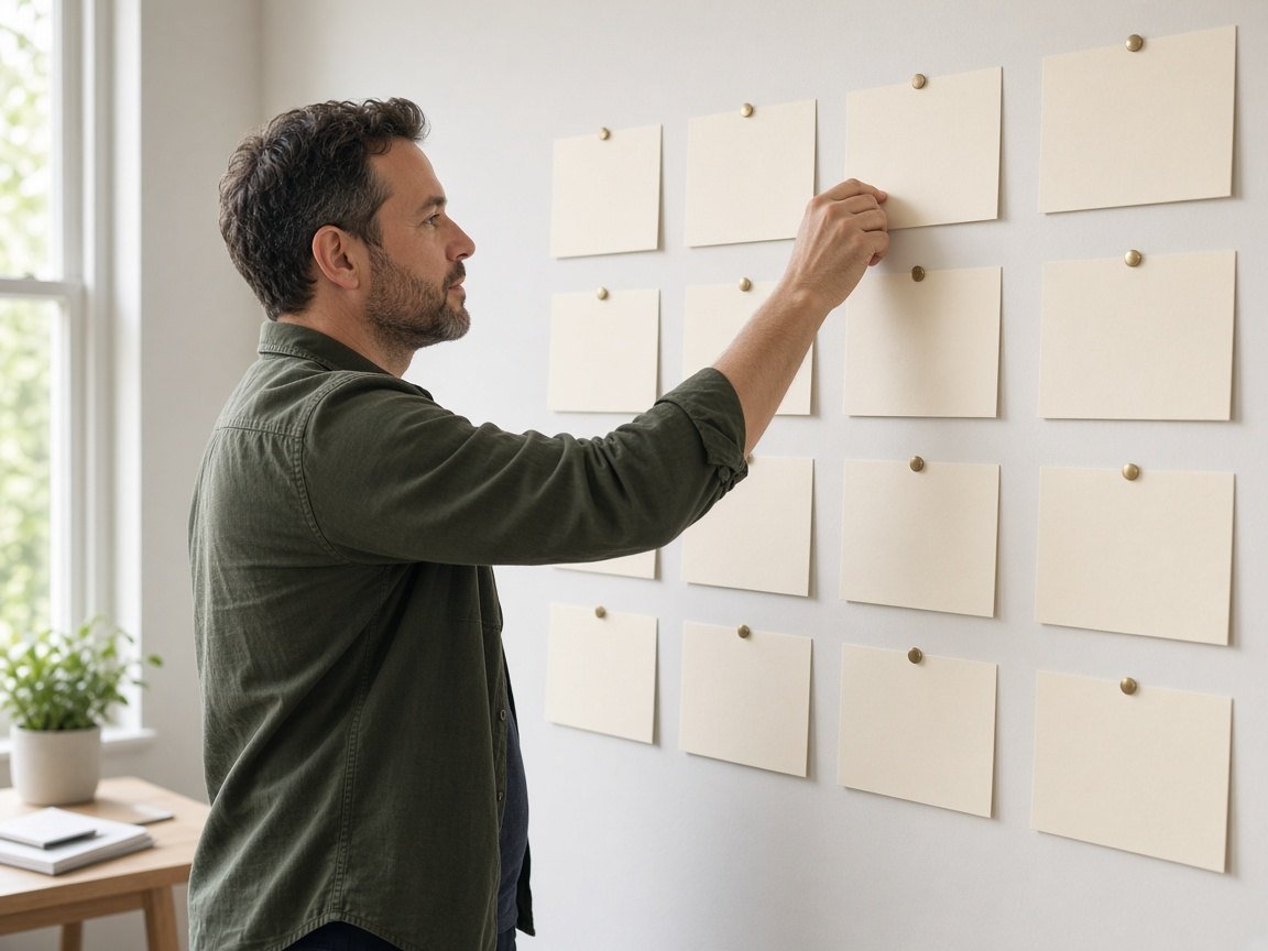Man arranging blank cards to plan product categories