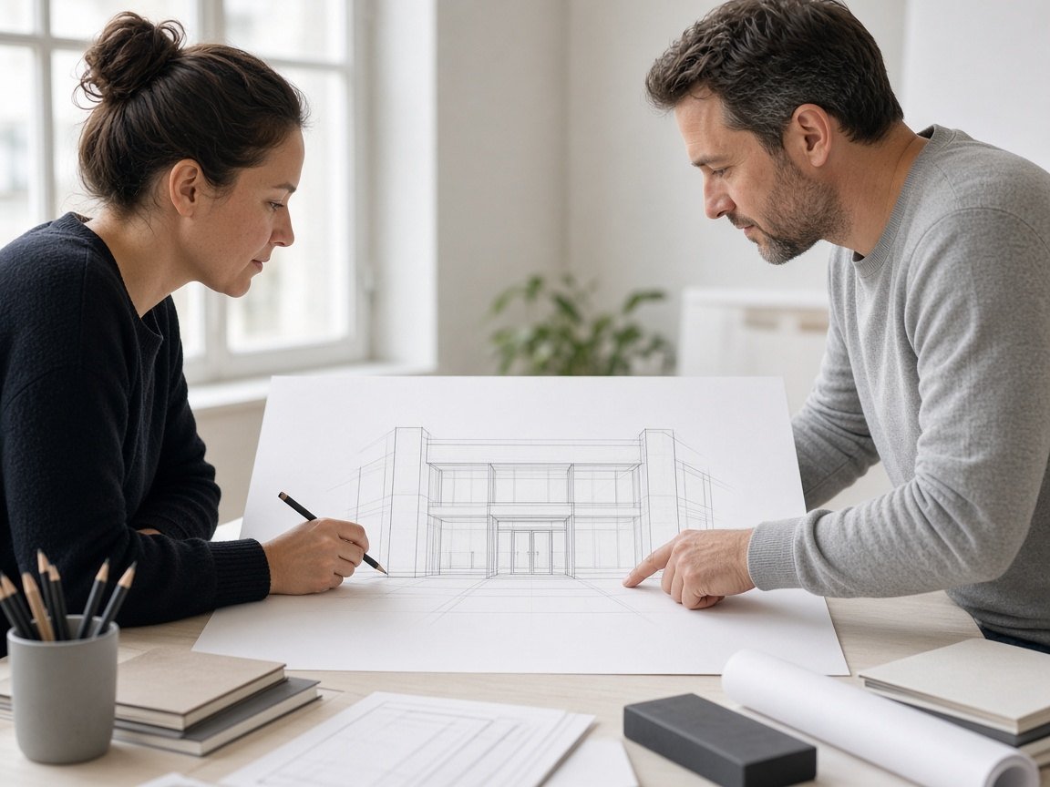 Two people reviewing a large storefront drawing