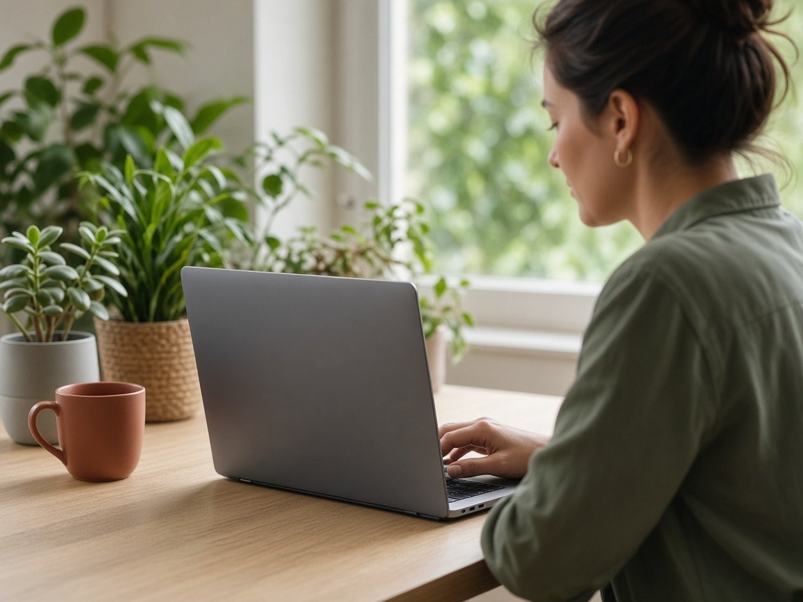 Marketer writing on a laptop with the screen turned away