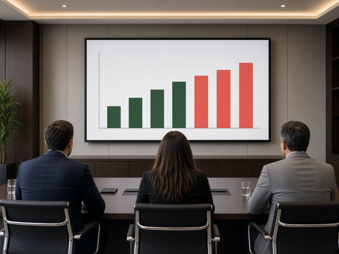 Boardroom team facing a wall screen with a simple bar chart