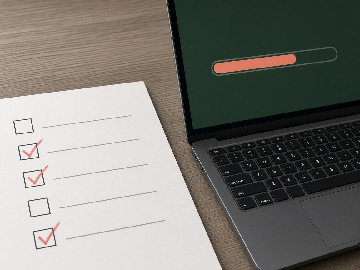 Printed checklist beside a laptop with a progress bar
