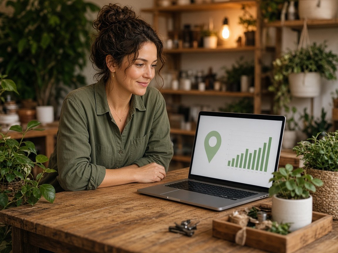 Shop owner reviewing a laptop with a location pin and chart